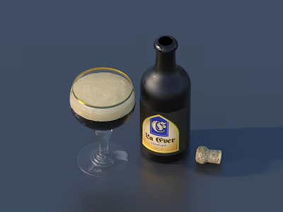 Dark Beer Bottle And Glass With Foam And Cork On Blue Background 3d model