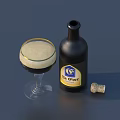 Dark Beer Bottle And Glass With Foam And Cork On Blue Background