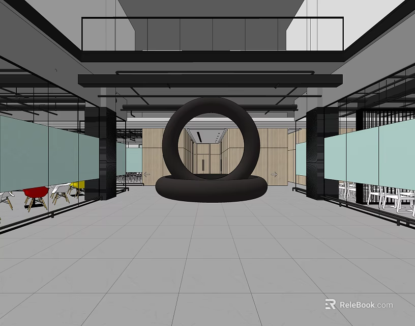 Modern Front Desk Reception Lobby With Black Circular Decor Glass Partitions And Open Design 3d model 