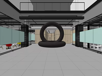 Modern Front Desk Reception Lobby With Black Circular Decor Glass Partitions And Open Design 3d model