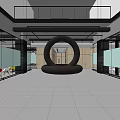 Modern Front Desk Reception Lobby With Black Circular Decor Glass Partitions And Open Design