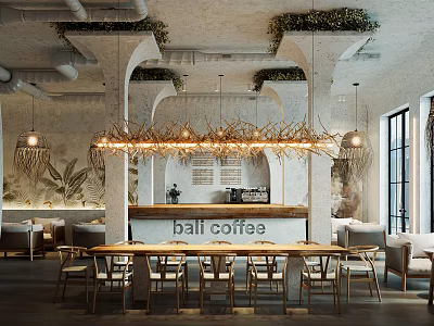 Bali Coffee Cafe Interior With Wooden Chandelier Green Plant Decor And Bar Counter 3d model