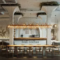Bali Coffee Cafe Interior With Wooden Chandelier Green Plant Decor And Bar Counter