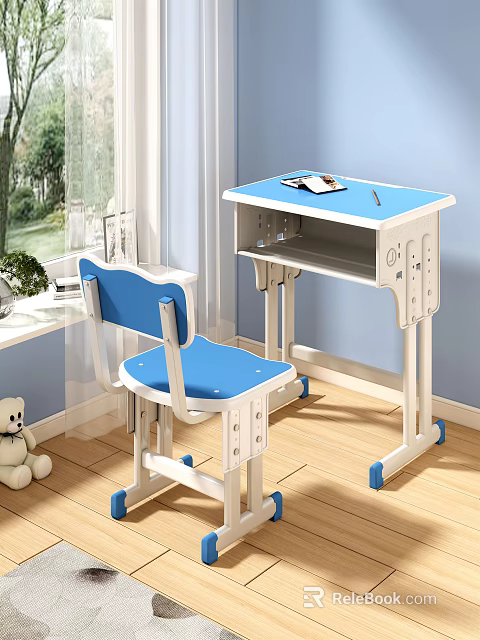 Kids Blue And White Adjustable Study Desk With Matching Chair Near Window 3d model 