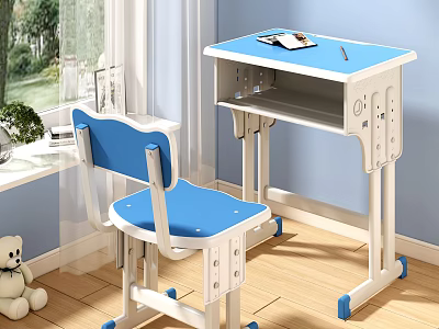Kids Blue And White Adjustable Study Desk With Matching Chair Near Window 3d model