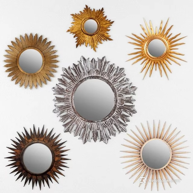 Decorative Sunburst Mirrors With Metallic Frames In Various Colors And Designs 3d model 