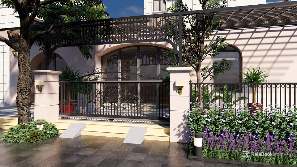 Black Iron Entrance Gate With Arched Glass Windows Beige Wall And Green Plants 3d model 