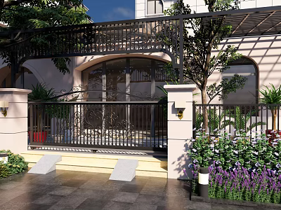 Black Iron Entrance Gate With Arched Glass Windows Beige Wall And Green Plants 3d model