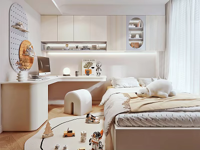 Modern Tatami Bedroom Interior Design With Tatami Bed Desk Storage And Decorative Toys 3d model