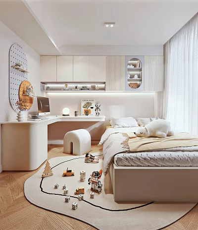 Modern Tatami Bedroom Interior Design With Tatami Bed Desk Storage And Decorative Toys 3d model