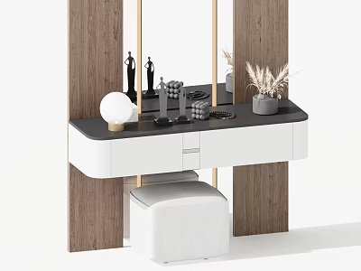Modern Dressing Table With Wooden Side Panels White Countertop Mirror Padded Stool And Cosmetic Ornaments 3d model