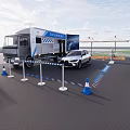 Exhibition Booth With Car Display Screen Outdoor Seating And Umbrella Shade Setup