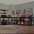 Retail Store Shelves With Various Products Drinks Snacks And Storage Baskets