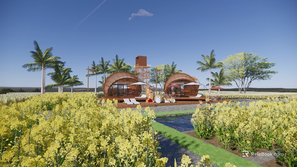 Rural Landscape With Yellow Flower Fields Domed Wooden Buildings Palm Trees And Blue Sky 3d model 