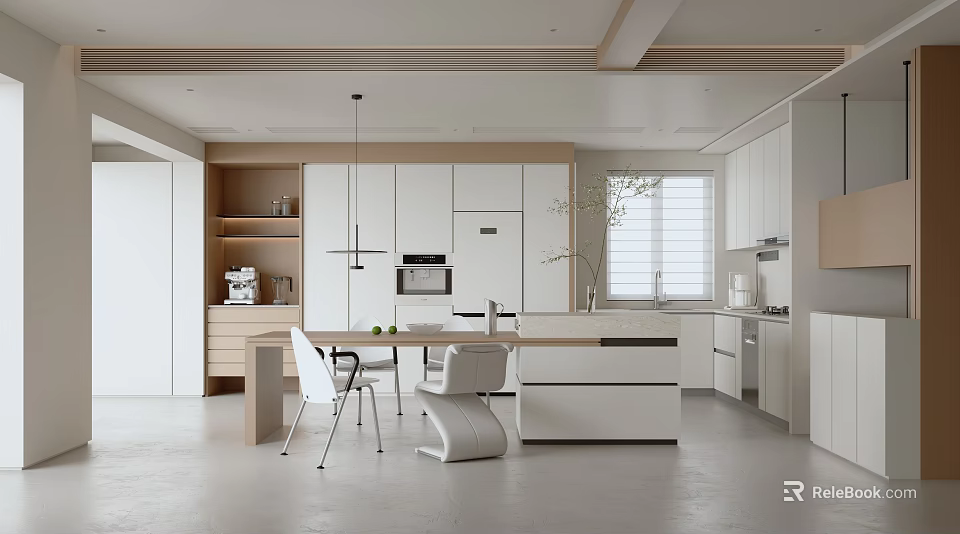 Modern Open Kitchen Interior With White Cabinets Island Counter And Dining Chairs 3d model 