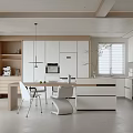 Modern Open Kitchen Interior With White Cabinets Island Counter And Dining Chairs