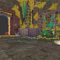 Ancient Stone Ruins With Arched Doorways Overgrown Vines Wooden Crates And Mossy Floor