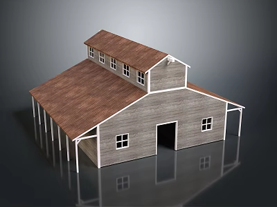 Rustic Building With Brown Roof Gray Wooden Walls Windows Main Door And White Support Columns 3d model