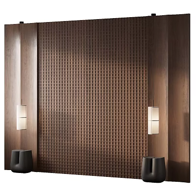 Modern Wooden Grid Bedroom Accent Wall With Sconces And Decor 3d model