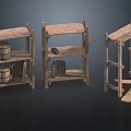 Three Wooden Shelves for Household Items with Barrels and Storage Compartments