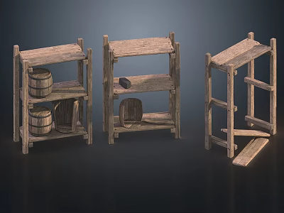 Three Wooden Shelves for Household Items with Barrels and Storage Compartments 3d model