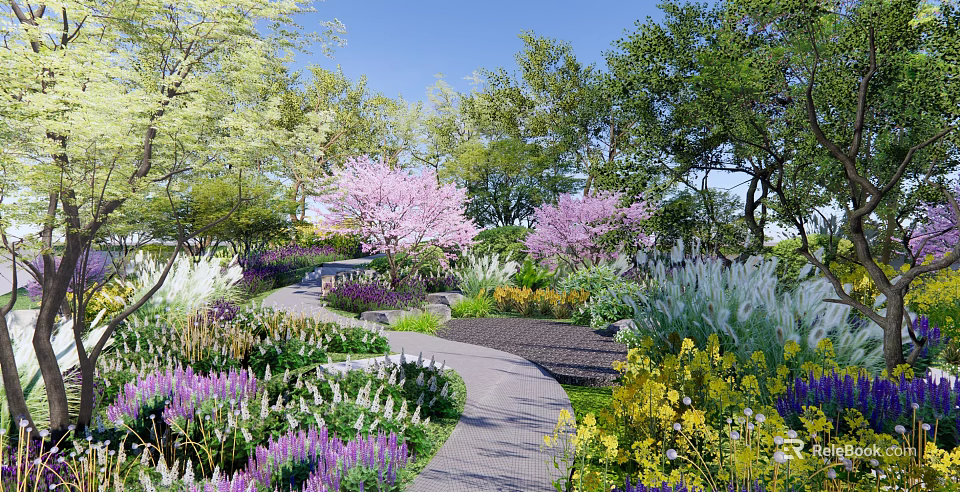 Garden Landscape With Curved Pathway Colorful Flower Beds And Cherry Blossom Trees 3d model 