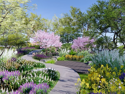 Garden Landscape With Curved Pathway Colorful Flower Beds And Cherry Blossom Trees 3d model