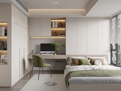 Minimalist Tatami Bedroom Interior With Desk Chair Bookshelf And Storage Cabinets 3d model