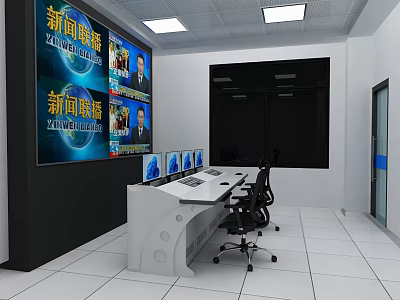 Modern Monitoring Room With Multiple News Screens Control Desk And Office Chairs 3d model