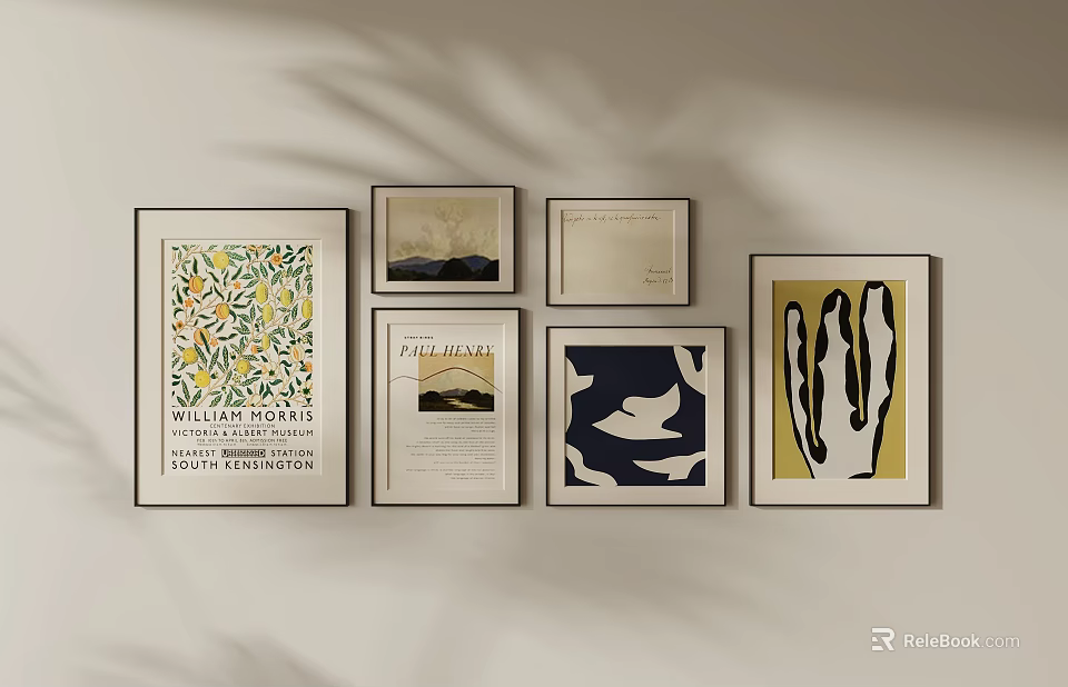 Assorted Framed Wall Art Prints With Diverse Patterns On Beige Background 3d model 