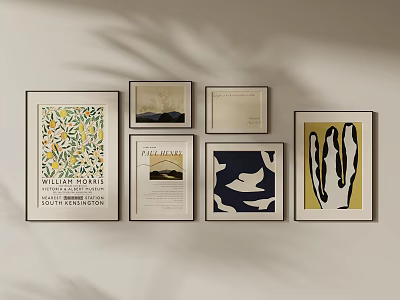 Assorted Framed Wall Art Prints With Diverse Patterns On Beige Background 3d model