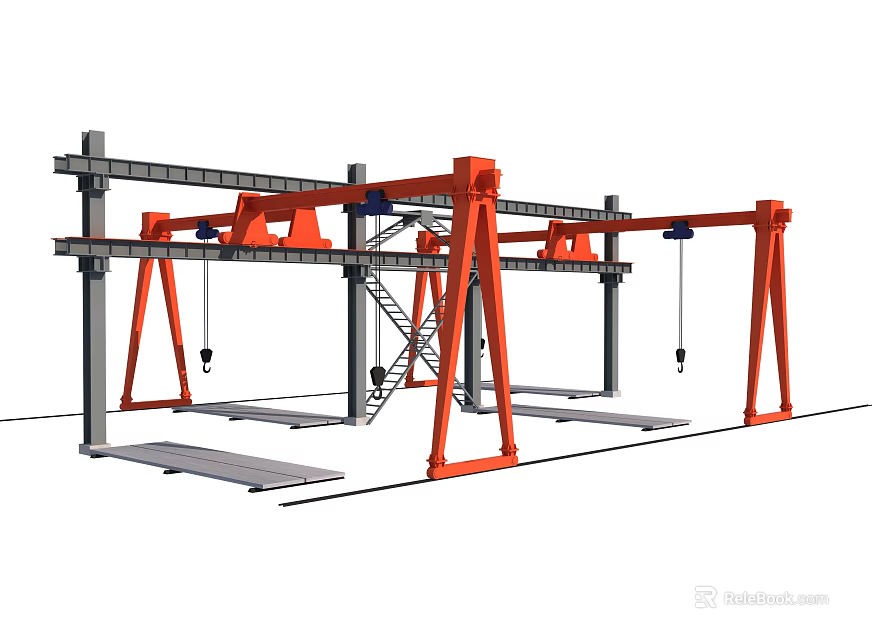 Industrial Gantry Crane Equipment With Red Steel Frame And Hoisting System 3d model 