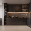 Modern Kitchen Interior With Black Cabinets Blind Windows Glass Partition And Open Layout 3d model