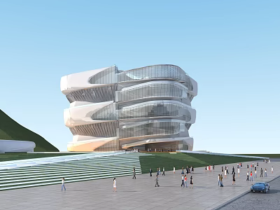 Modern Museum Building with Glass Curtain Wall Unique Irregular Shape Front Plaza Steps and People 3d model