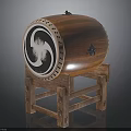 Traditional Wooden Drum with Carved Body and Yin Yang Pattern Drumhead on Sturdy Stand