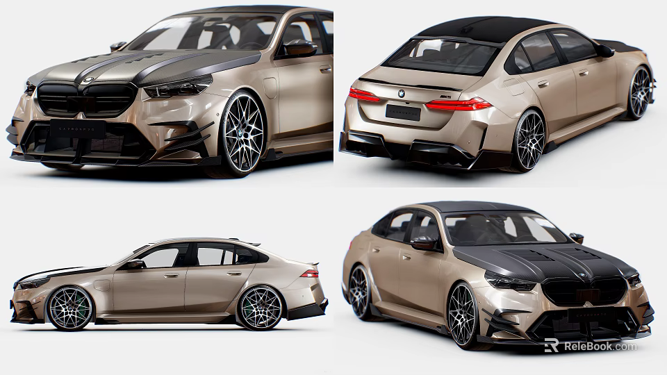 BMW Sedan With Golden Body Black Roof And Sporty Wheels From Multiple Angles 3d model 