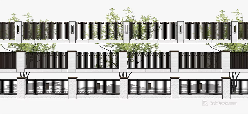 Modern Feature Wall Design With Vertical Slat Structure And Surrounding Trees 3d model 