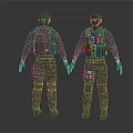 Military Soldiers in Camouflage Uniforms With Helmets Backpacks and Tactical Vests Front Back Views