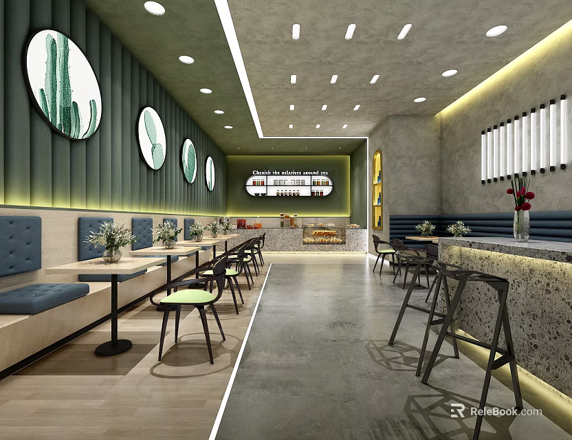 Modern Bubble Tea Shop Interior With Cozy Seating Round Wall Art Green Plants And Counter 3d model 
