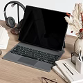Desk Decorative Ornament Set with Laptop Headphones Dried Flower Vase Books Coffee Cup and Glasses