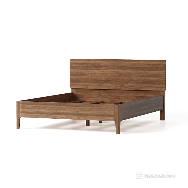 Modern Simple Wooden Double Bed With Walnut Headboard And Frame Design 3d model
