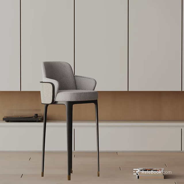 Gray Fabric Bar Stool With Armrests in Modern Kitchen Wooden Panel Backdrop 3d model 