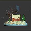 Wooden House in Winter Snow Scene with Snow-Covered Roof Smoking Chimney and Pine Trees