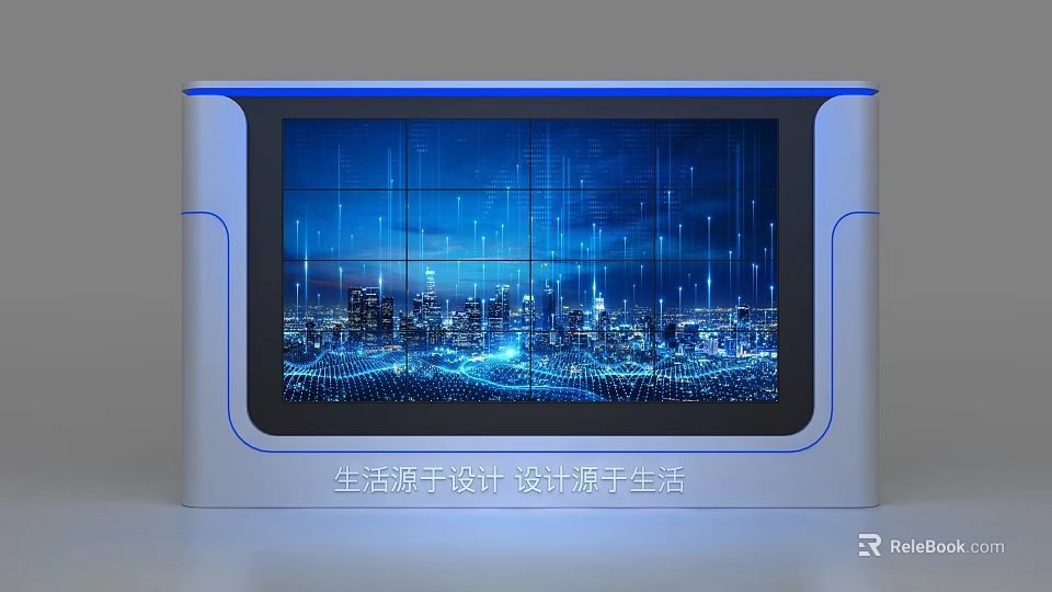 Modern Display Shelves With Digital Cityscape And Blue Tech Network Elements 3d model 
