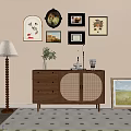 Wooden Sideboard With Wicker Doors Wall Art Potted Plant Decorative Items And Floor Lamp