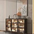 Modern Living Area Sideboard With Glass Doors Tableware Top Coffee Maker Vase And Abstract Painting