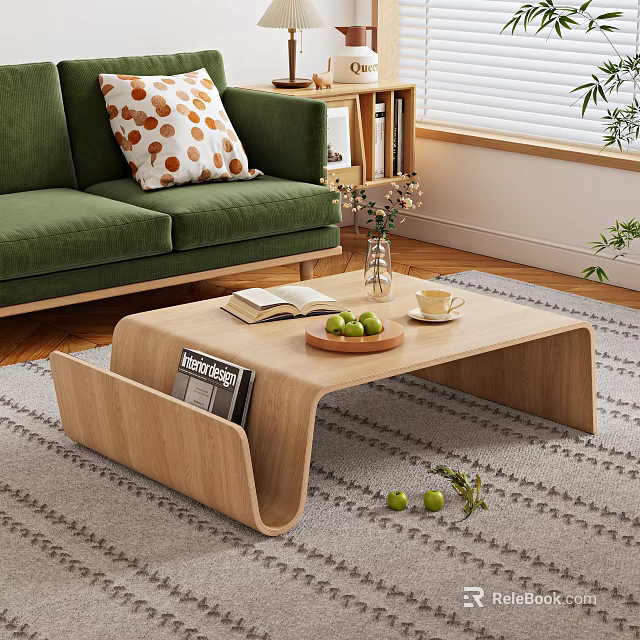 Modern Wooden Coffee Table with Open Book Green Apples Tea Cup and Vase on Rug 3d model 