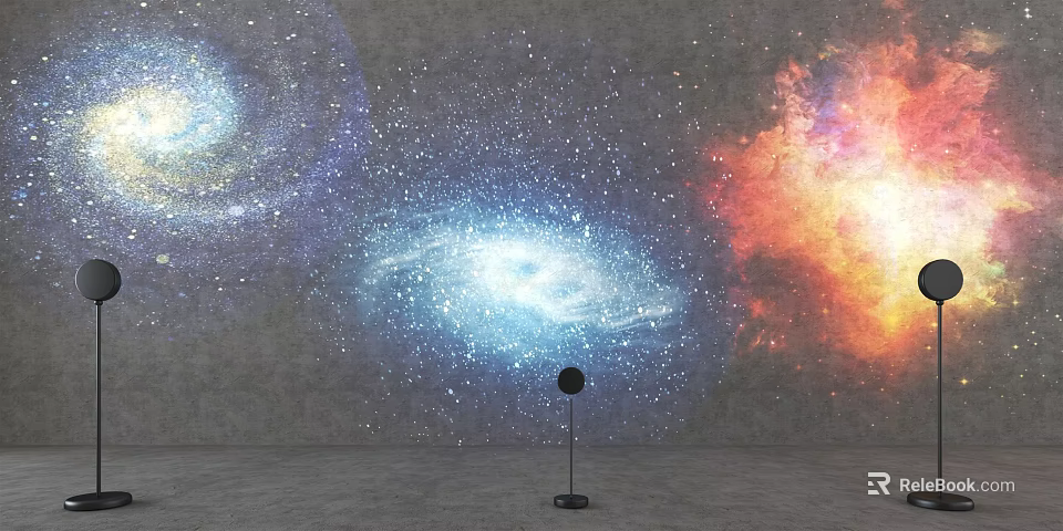 Stylish Black Floor Lamp in Room With Vibrant Galaxy Starry Wall Art 3d model 