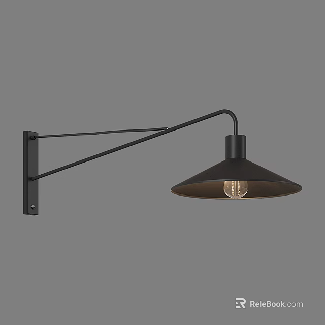 Modern Black Wall Lamp With Curved Arm Conical Shade And Edison Bulb 3d model 