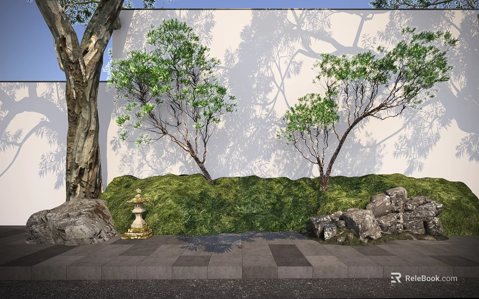 Tall Arbor Garden Landscape With Lush Green Grass Rocks Stone Paving and White Wall 3d model 